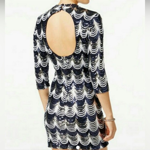 Crystal Doll Navy/Silver Scalloped Sequin OpenBack Bodycon Dress, Small/Medium - Picture 2 of 8